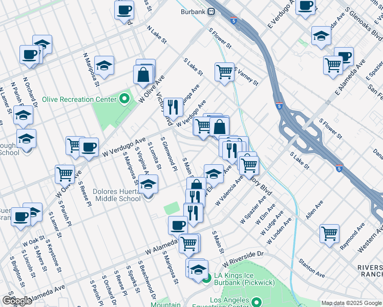 map of restaurants, bars, coffee shops, grocery stores, and more near 342 Victory Court in Burbank
