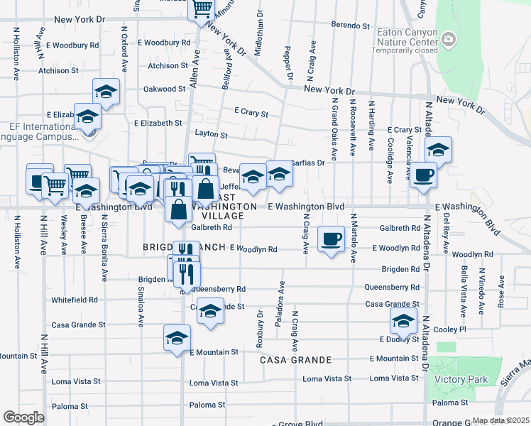 map of restaurants, bars, coffee shops, grocery stores, and more near 2052 East Washington Boulevard in Pasadena