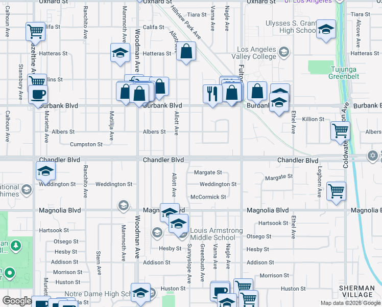map of restaurants, bars, coffee shops, grocery stores, and more near 13463 Chandler Boulevard in Los Angeles
