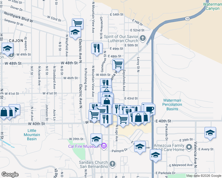 map of restaurants, bars, coffee shops, grocery stores, and more near 4180 North Sierra Way in San Bernardino
