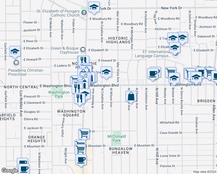 map of restaurants, bars, coffee shops, grocery stores, and more near 1308 North Wilson Avenue in Pasadena