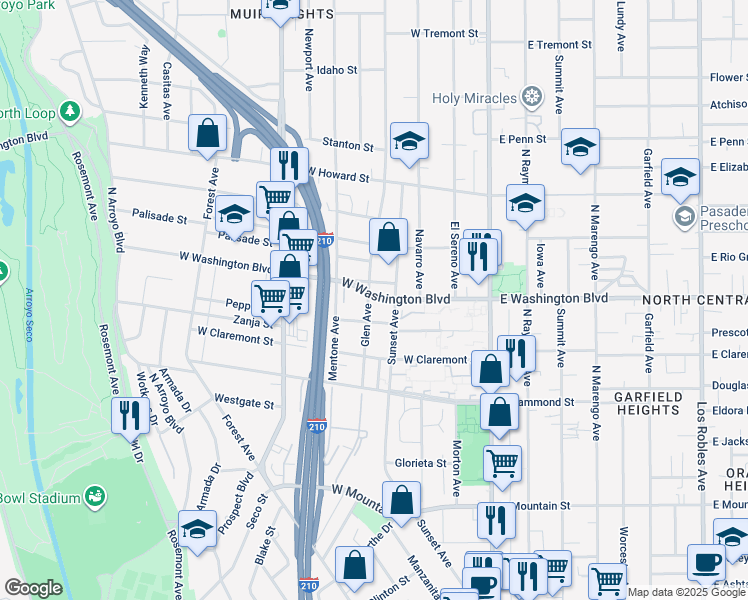 map of restaurants, bars, coffee shops, grocery stores, and more near 1323 Sunset Avenue in Pasadena
