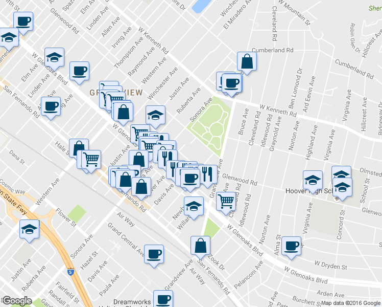 map of restaurants, bars, coffee shops, grocery stores, and more near 1335 5th Street in Glendale