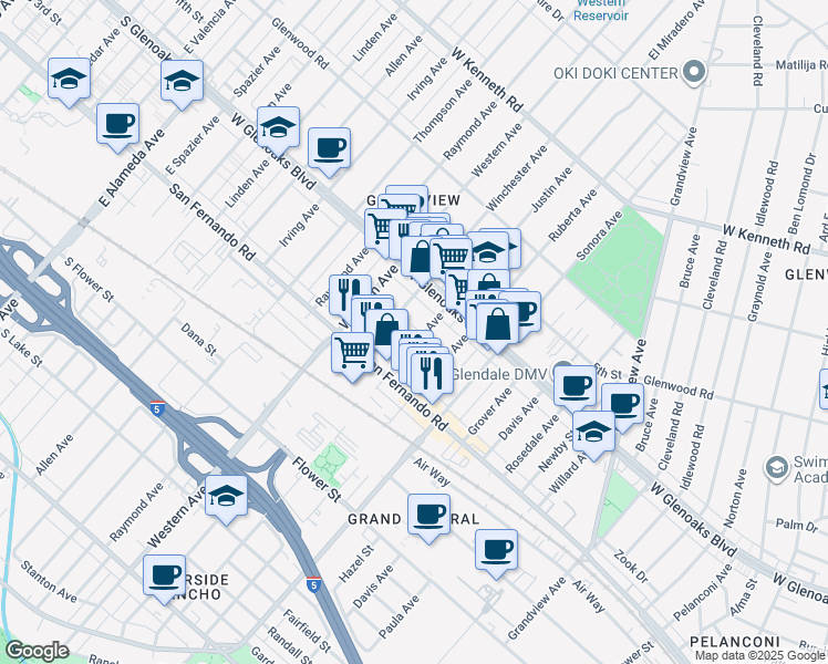 map of restaurants, bars, coffee shops, grocery stores, and more near 1040 Justin Avenue in Glendale