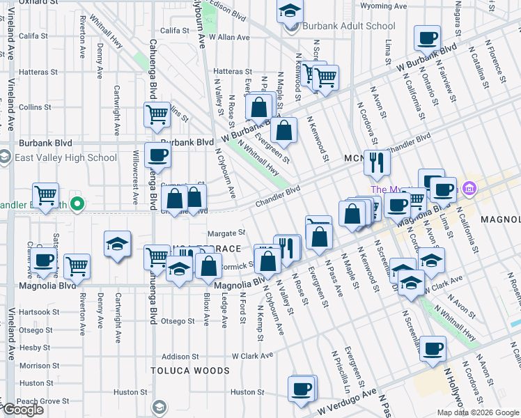 map of restaurants, bars, coffee shops, grocery stores, and more near 1131 North Rose Street in Burbank