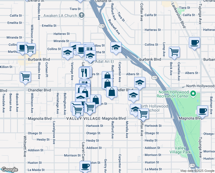 map of restaurants, bars, coffee shops, grocery stores, and more near 11936 Chandler Boulevard in Los Angeles
