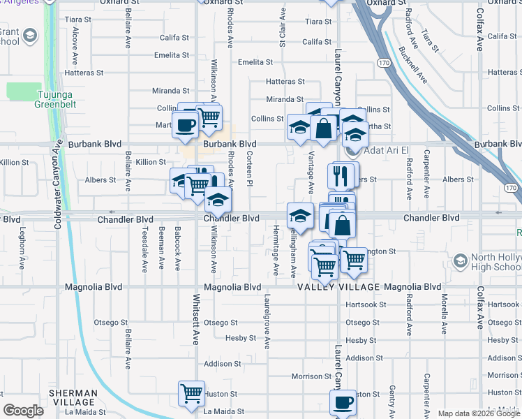 map of restaurants, bars, coffee shops, grocery stores, and more near 12310 Chandler Boulevard in Los Angeles