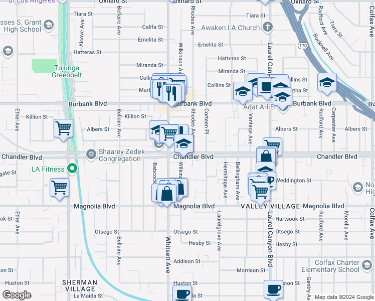 map of restaurants, bars, coffee shops, grocery stores, and more near 12419 Chandler Boulevard in Los Angeles