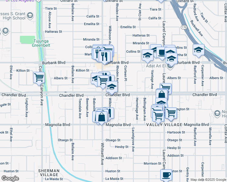 map of restaurants, bars, coffee shops, grocery stores, and more near 12419 Chandler Boulevard in Los Angeles