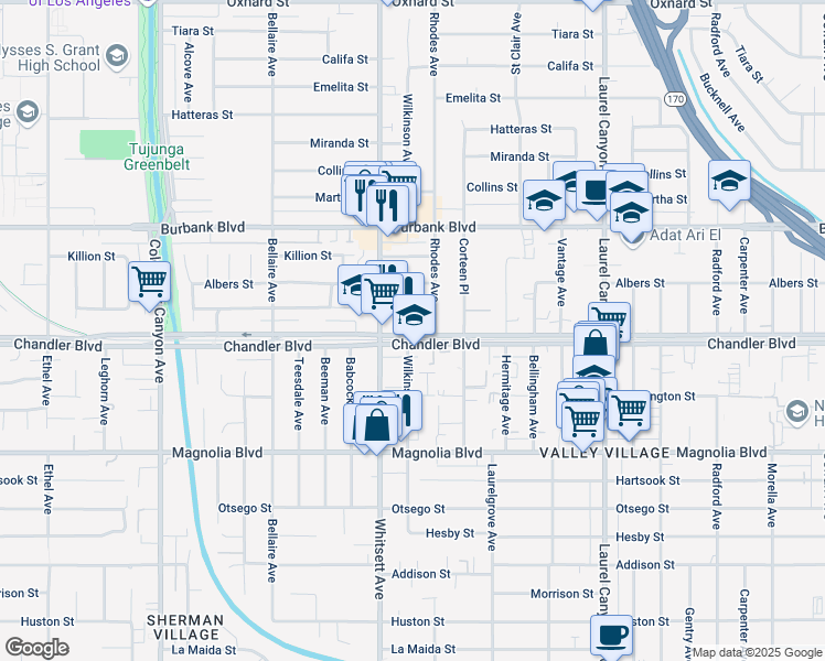 map of restaurants, bars, coffee shops, grocery stores, and more near 12419 Chandler Boulevard in Los Angeles