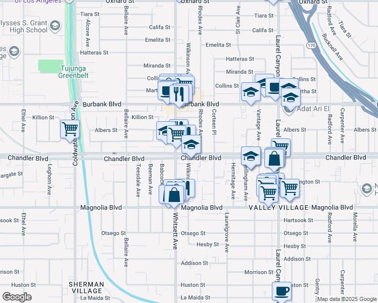 map of restaurants, bars, coffee shops, grocery stores, and more near 12419 Chandler Boulevard in Los Angeles