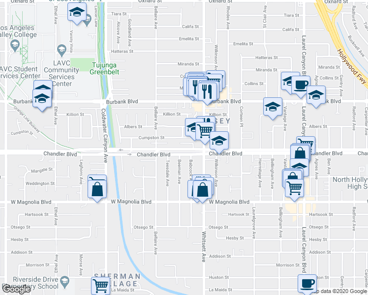 map of restaurants, bars, coffee shops, grocery stores, and more near 12557 Chandler Boulevard in Los Angeles