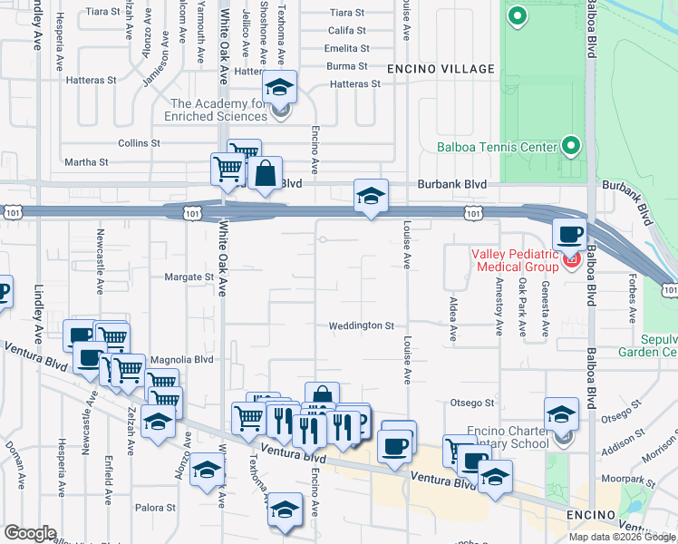map of restaurants, bars, coffee shops, grocery stores, and more near 5334 Encino Avenue in Los Angeles