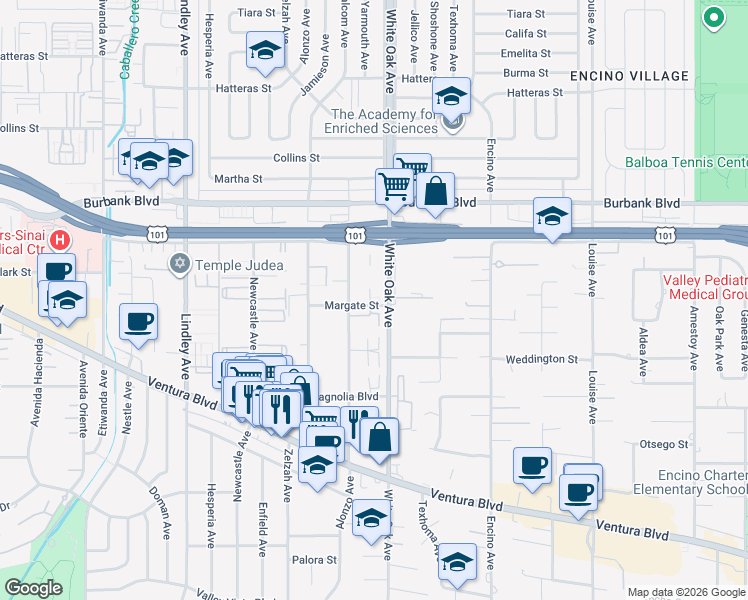 map of restaurants, bars, coffee shops, grocery stores, and more near 5354 Yarmouth Avenue in Los Angeles