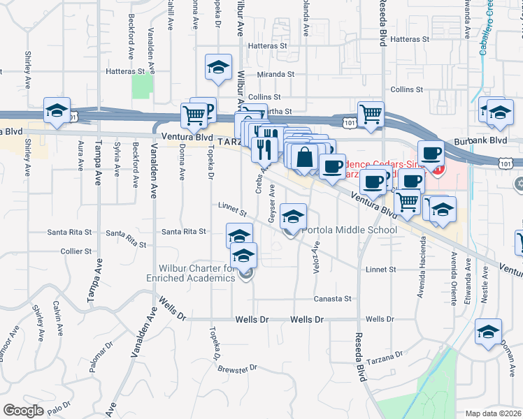 map of restaurants, bars, coffee shops, grocery stores, and more near 5356 Crebs Avenue in Los Angeles