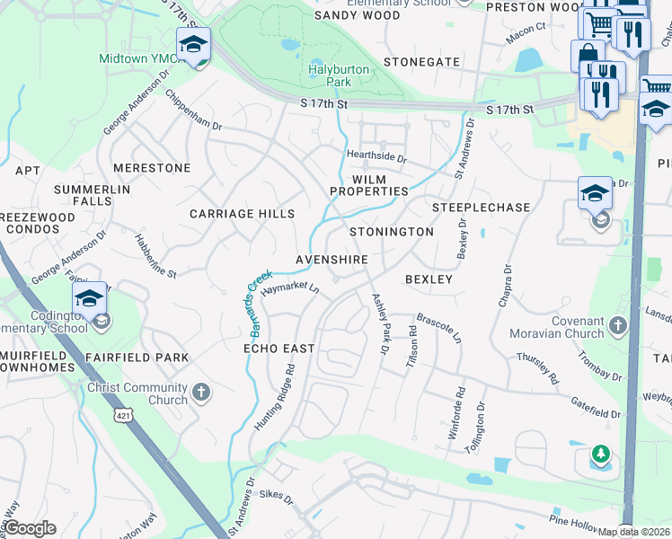map of restaurants, bars, coffee shops, grocery stores, and more near 1111 Avenshire Circle in Wilmington