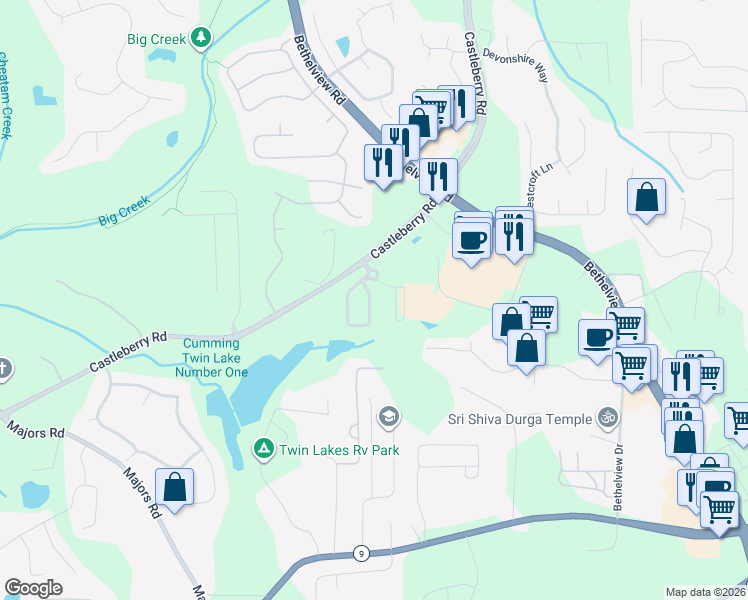 map of restaurants, bars, coffee shops, grocery stores, and more near 6130 Redstone Way in Cumming