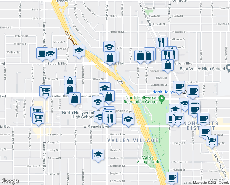 map of restaurants, bars, coffee shops, grocery stores, and more near 5411 Troost Avenue in Los Angeles