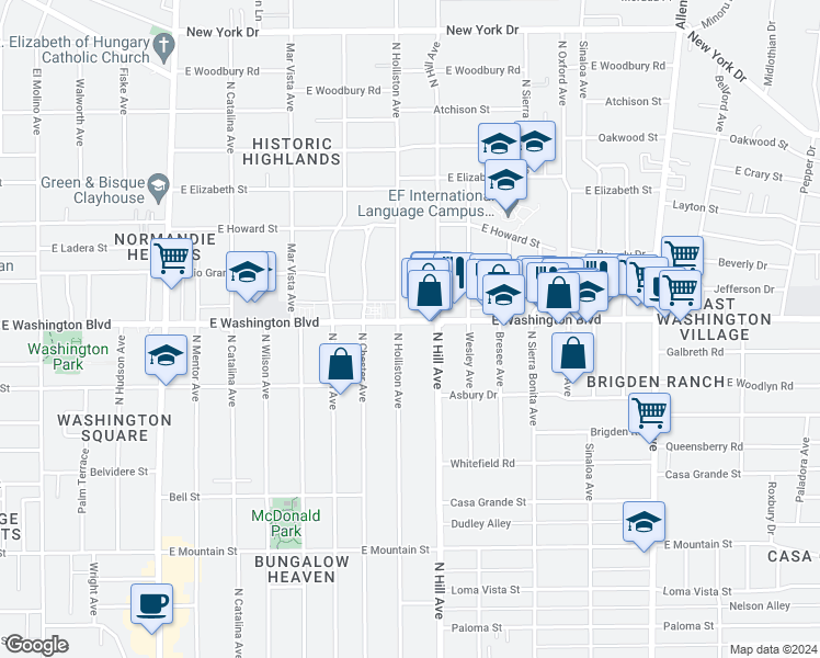 map of restaurants, bars, coffee shops, grocery stores, and more near 1350 East Washington Boulevard in Pasadena