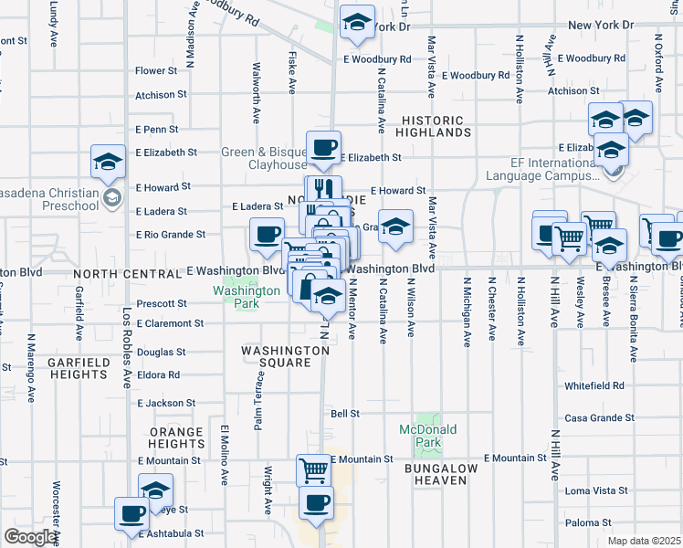 map of restaurants, bars, coffee shops, grocery stores, and more near 920 East Washington Boulevard in Pasadena