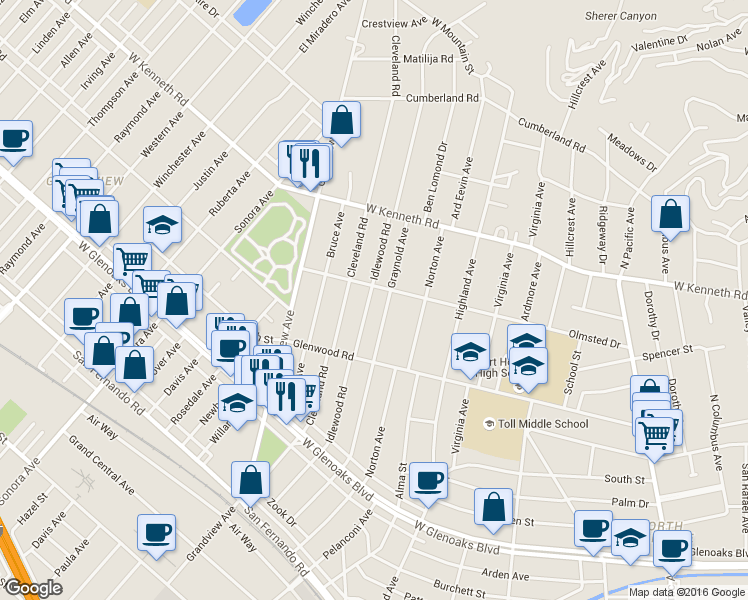 map of restaurants, bars, coffee shops, grocery stores, and more near 1358 Idlewood Road in Glendale