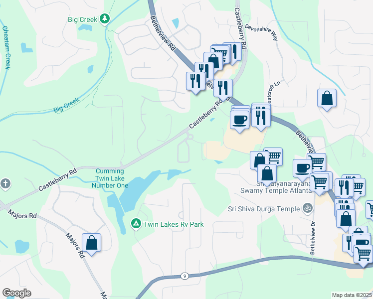 map of restaurants, bars, coffee shops, grocery stores, and more near 5945 Redstone Way in Cumming