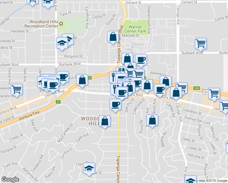 map of restaurants, bars, coffee shops, grocery stores, and more near 22011 Ventura Boulevard in Los Angeles