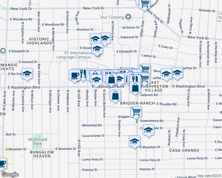 map of restaurants, bars, coffee shops, grocery stores, and more near 1630 East Washington Boulevard in Pasadena