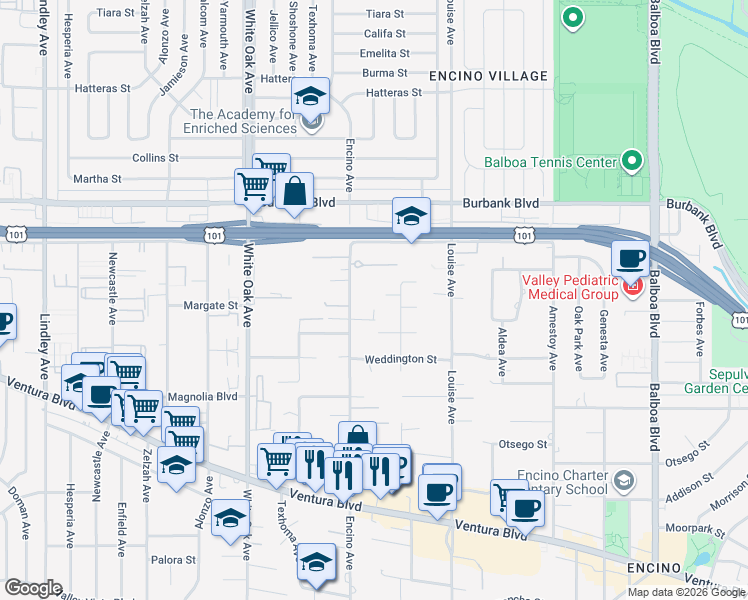 map of restaurants, bars, coffee shops, grocery stores, and more near 5334 Encino Avenue in Los Angeles