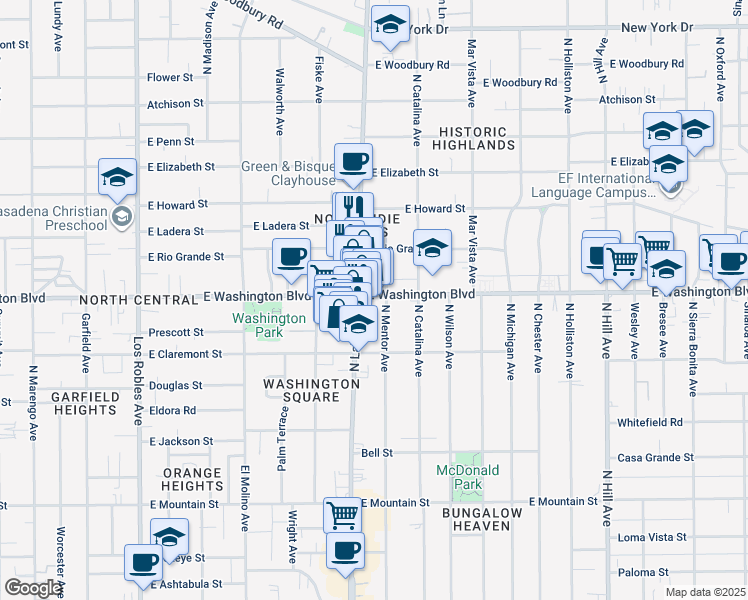 map of restaurants, bars, coffee shops, grocery stores, and more near 920 East Washington Boulevard in Pasadena