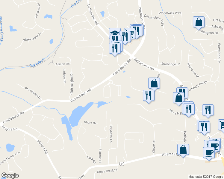 map of restaurants, bars, coffee shops, grocery stores, and more near 6130 Redstone Way in Cumming