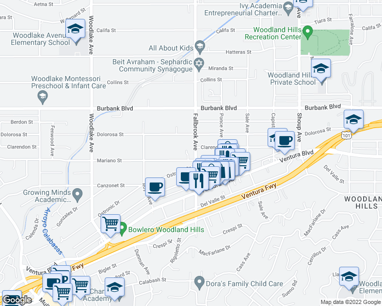 map of restaurants, bars, coffee shops, grocery stores, and more near 5415 Fallbrook Avenue in Los Angeles