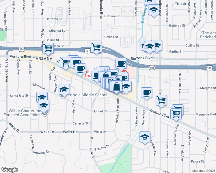 map of restaurants, bars, coffee shops, grocery stores, and more near 18435 Ventura Boulevard in Los Angeles