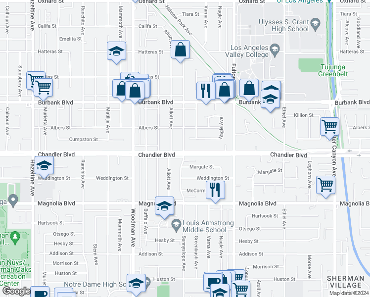 map of restaurants, bars, coffee shops, grocery stores, and more near 13463 Chandler Boulevard in Los Angeles