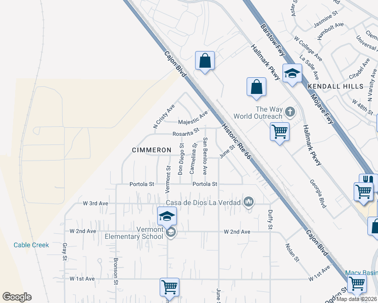 map of restaurants, bars, coffee shops, grocery stores, and more near 2724 June Place in San Bernardino