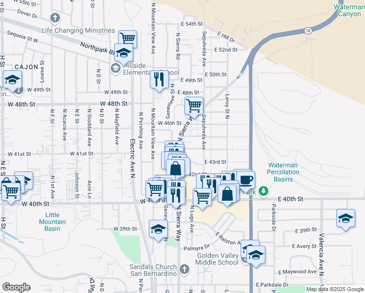 map of restaurants, bars, coffee shops, grocery stores, and more near 4405 North Sierra Way in San Bernardino
