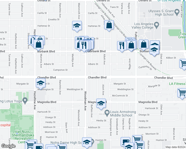 map of restaurants, bars, coffee shops, grocery stores, and more near 13627 Chandler Boulevard in Los Angeles