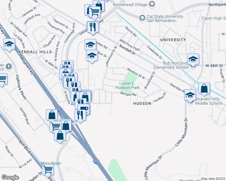 map of restaurants, bars, coffee shops, grocery stores, and more near 1594 Morgan Road in San Bernardino