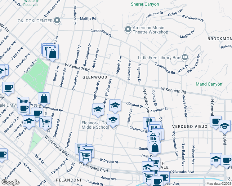 map of restaurants, bars, coffee shops, grocery stores, and more near in Glendale