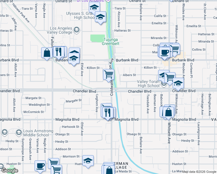 map of restaurants, bars, coffee shops, grocery stores, and more near 12915 Chandler Boulevard in Los Angeles