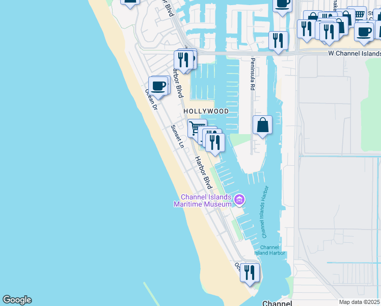 map of restaurants, bars, coffee shops, grocery stores, and more near 3484 Sunset Lane in Oxnard