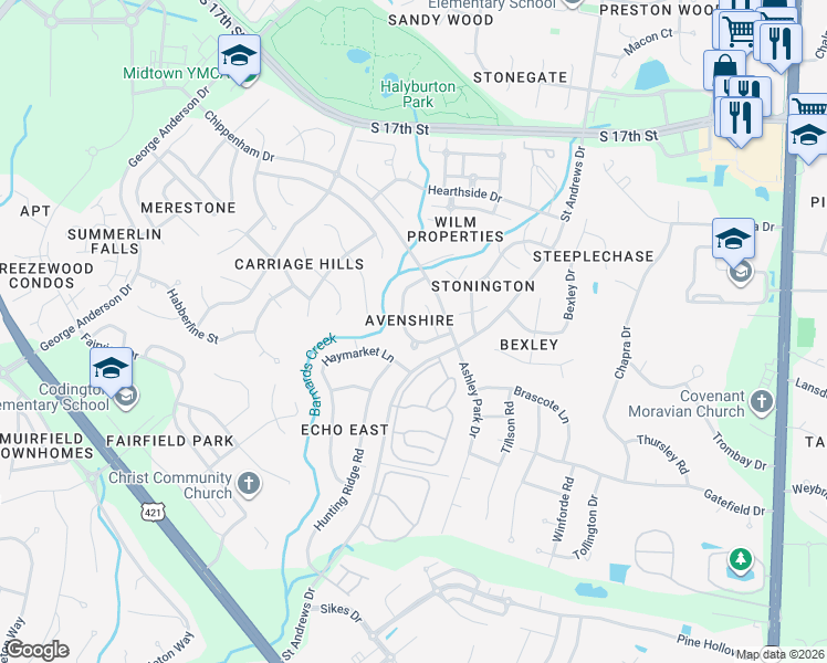 map of restaurants, bars, coffee shops, grocery stores, and more near 1111 Avenshire Circle in Wilmington