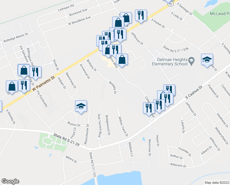 map of restaurants, bars, coffee shops, grocery stores, and more near 1529 Brittany Drive in Florence