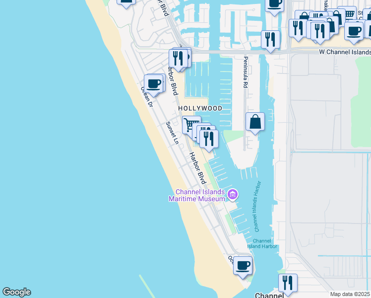 map of restaurants, bars, coffee shops, grocery stores, and more near 3464 Sunset Lane in Oxnard