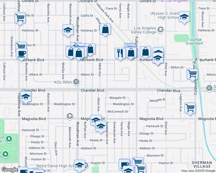map of restaurants, bars, coffee shops, grocery stores, and more near 13454 Chandler Boulevard in Los Angeles