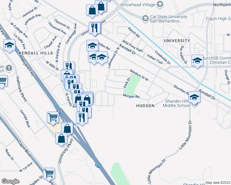 map of restaurants, bars, coffee shops, grocery stores, and more near 1594 Morgan Road in San Bernardino