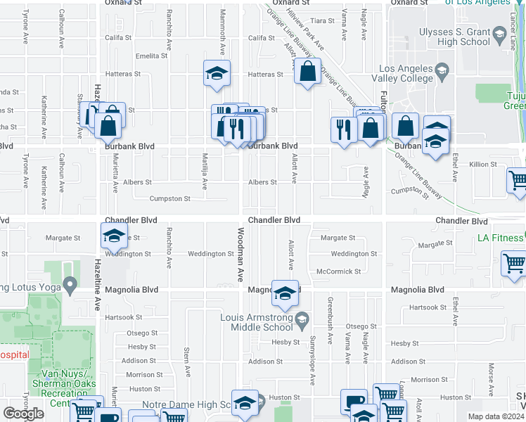 map of restaurants, bars, coffee shops, grocery stores, and more near 13627 Chandler Boulevard in Los Angeles
