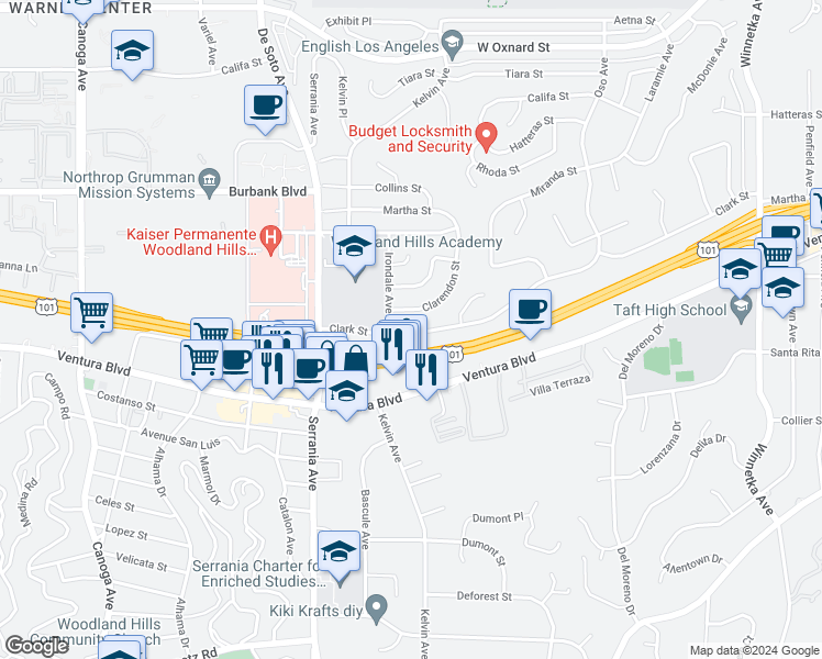 map of restaurants, bars, coffee shops, grocery stores, and more near 20740 Clark Street in Los Angeles