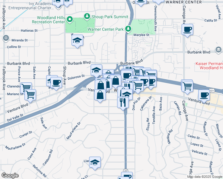map of restaurants, bars, coffee shops, grocery stores, and more near 22055 Ventura Boulevard in Los Angeles