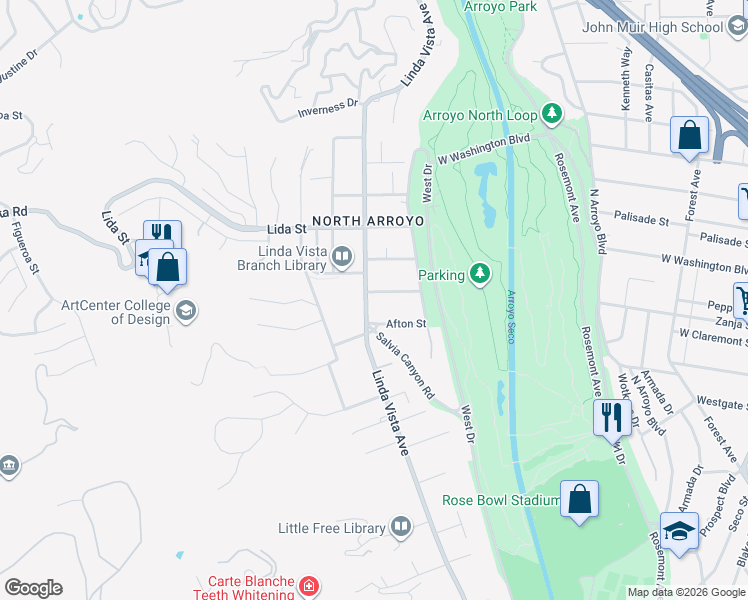 map of restaurants, bars, coffee shops, grocery stores, and more near 1244 Linda Vista Avenue in Pasadena